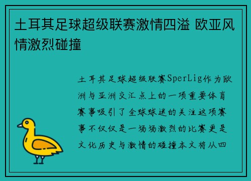 土耳其足球超级联赛激情四溢 欧亚风情激烈碰撞 土耳其足球超级联赛激情四溢 欧亚风情激烈碰撞